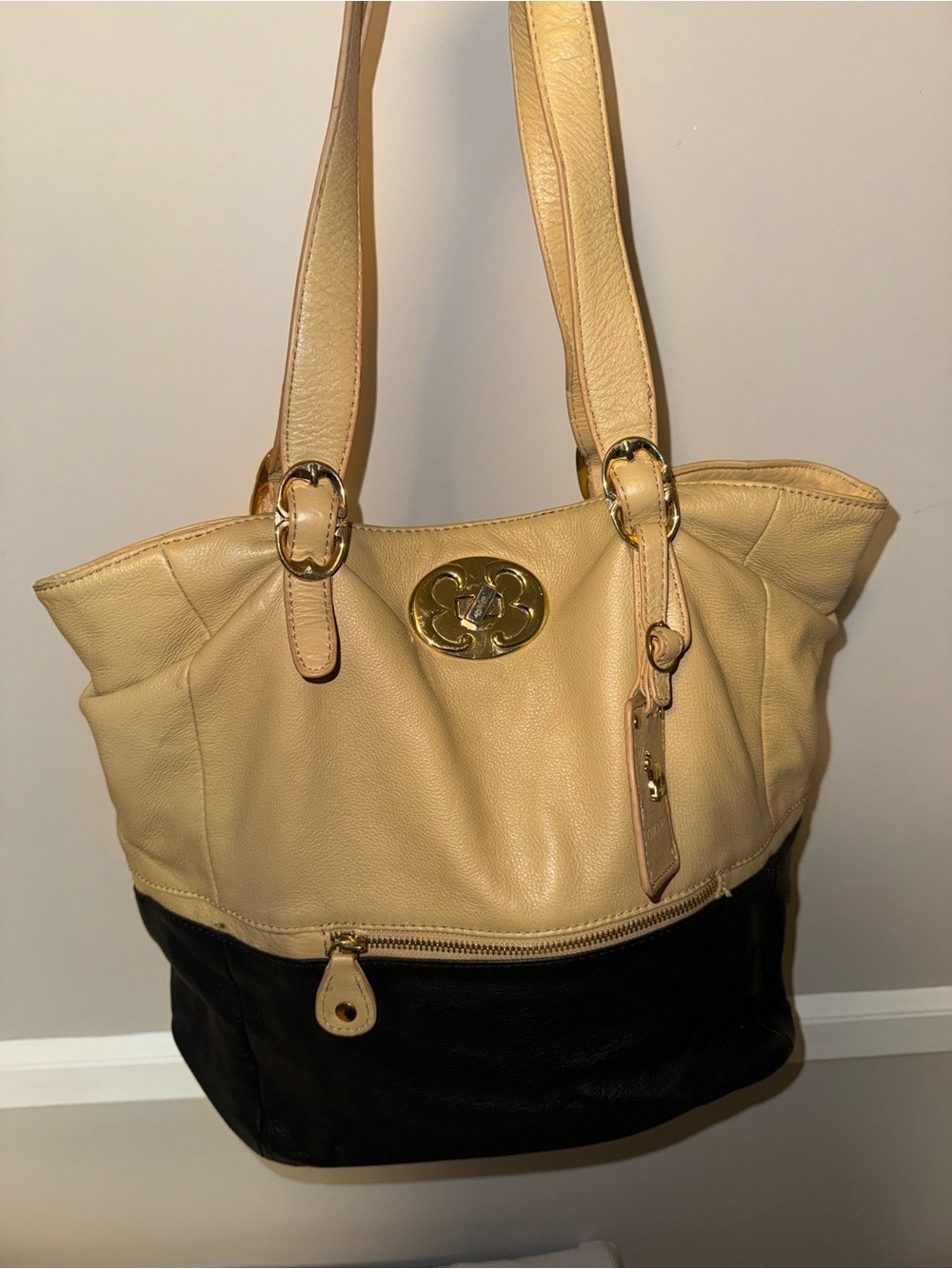 Emma Fox Y2K Beige and Black Leather Tote Bag with Gold Hardware